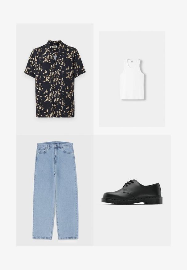 Camicia a maniche corte in tessuto blu scuro con motivo floreale beige. Chiusura con bottoni e vestibilità rilassata. Materiale testurizzato.; Canotta bianca in cotone con scollatura rotonda, spalline larghe e orlo dritto, caratterizzata da una superficie liscia e senza motivi visibili.; Jeans in denim azzurro chiaro con design a gamba dritta, caratterizzati da una vita media, cinque tasche e chiusura con bottone e zip.; Scarpa oxford in pelle nera con design con lacci, punta arrotondata, suola piatta in gomma e dettagli di cucitura discreti lungo la parte superiore.