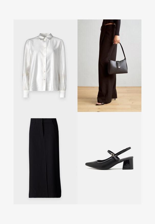 Hvit silke-bluse med knapplukking foran, klassisk krage og lange ermer med rynkede mansjetter. Glatt tekstur med en subtil glans.; Svart lang skjørt laget av stoff med en glatt tekstur. Har en splitt foran og to sidelommer. Klassisk design med en tettsittende midje.; Sorte lakk lær slingback hæler med spiss tå, et avrundet utskjæringsdesign og blokkheel. Har en gulltone spenne som detalj.; Svart håndveske med strukturert form, jevn tekstur og metallisk lås. Kombinert med brede svarte bukser og sandaler med åpen tå på tregulv.