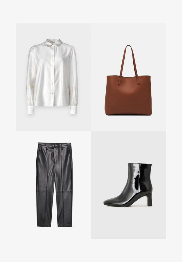White silk blouse with a button-up front, classic collar, and long sleeves with gathered cuffs. Smooth texture with a subtle sheen.; Black leather trousers with a smooth texture, featuring a straight fit, two front pockets, and visible seam detailing.; Black patent leather ankle boot with a pointed toe and a mid-height block heel. Smooth texture and minimalist design.; Brown leather tote bag with a smooth texture, open top design, and two shoulder straps. Features minimal stitching and no visible hardware.