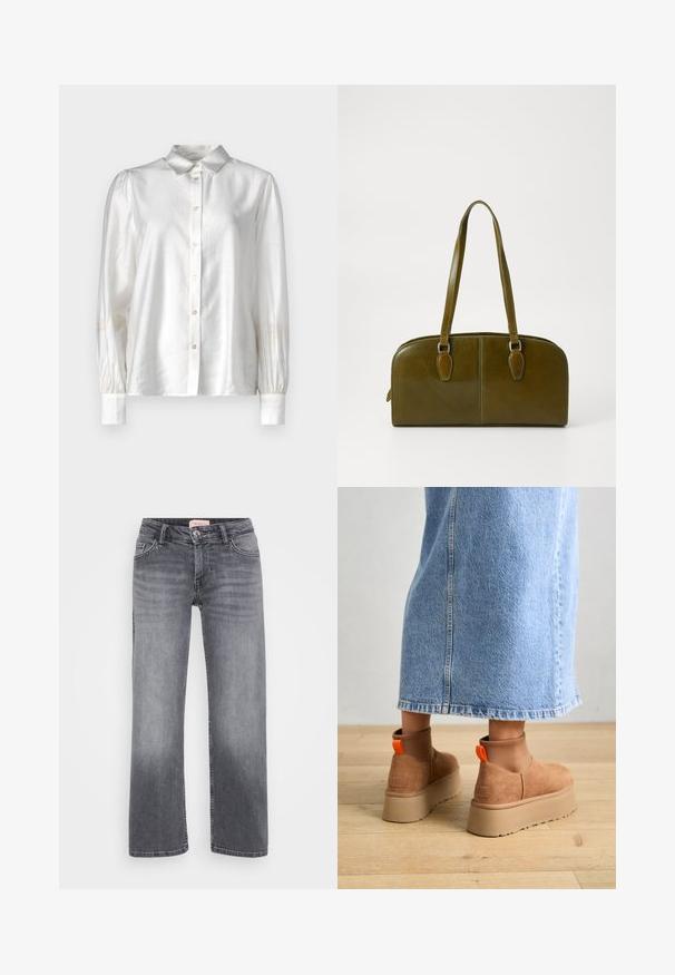 Blusa di seta bianca con abbottonatura frontale, colletto classico e maniche lunghe con polsini arricciati. Tessuto liscio con una delicata lucentezza.; Jeans in denim grigio con design a gamba dritta, stile a cinque tasche, leggera sbiaditura e chiusura con bottone in vita.; Stivali platform in suede marrone con pannelli laterali elastici e linguette arancioni, abbinati a una gonna di jeans chiara, lunga fino al ginocchio, su un pavimento di legno.; Borsa a mano in pelle verde oliva di forma arrotondata, con due manici e una parte frontale senza cuciture. Presenta una superficie liscia e dettagli di cucitura delicati.; Orecchino a cerchio in argento con finitura lucida, caratterizzato da piccoli dettagli in oro e una forma tondeggiante, indossato sul lobo.