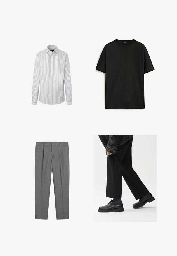 Gestreepte button-up shirt in lichtgrijs en wit, met een klassieke kraag, lange mouwen en manchetdetails met bijpassende strepen.; Zwarte katoenen t-shirt met een klassieke ronde hals, korte mouwen en een comfortabele pasvorm. Gladde textuur, zonder patronen of versieringen.; Grijze op maat gemaakte broek met een gestructureerde stof, voorzien van een platte voorkant, geplooide benen, riemlussen en een standaard tailleband.; Zwarte leren schoenen met een afgeronde neus, vetersluiting en een dikke, getextureerde zool. Draagt een gepaste zwarte broek en een geribbelde trui.