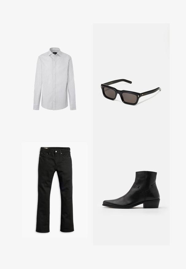 Randig skjorta i ljusgrått och vitt, med klassisk krage, långa ärmar och manschettdetaljer med matchande ränder.; Svarta denimjeans med rak bendesign, fem fickor, metallknappstängning och subtila sömnadsdetaljer. Slät textur och enhetlig färg.; Svart läderankelsko med spetsig tå, minimal sömnadsdetaljer, en medelhög blockklack och en slät, polerad yta.; Svarta rektangulära solglasögon med mörka linser, tjock plastbåge, guldfinish på skalmarna och varumärkeslogotyp graverad på armen.