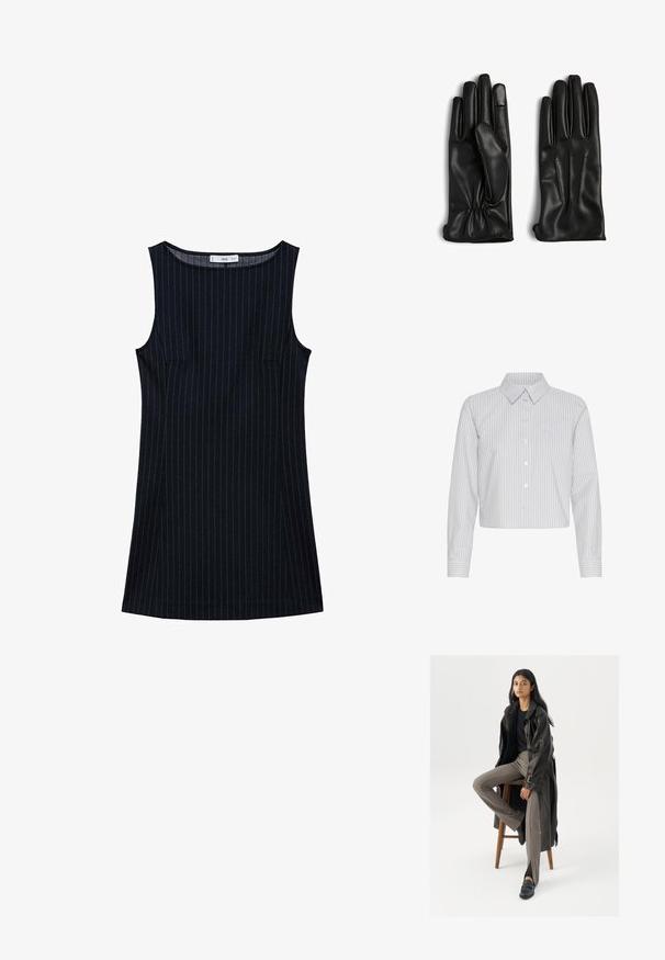 Gekürzte Hemdbluse in Weiß mit vertikalen Navy-Streifen, mit Kragen und einer einzelnen Brusttasche. Lange Ärmel mit Manschettendetails.; Marineblau gestreiftes ärmelloses Kleid mit geradem Schnitt, das Seitentaschen und einen runden Ausschnitt hat. Glatte Stofftextur.; Schwarzer Leder-Trenchcoat mit Knöpfen und Gürtel-Detail, kombiniert mit hellbraunen, taillierten Hosen und schwarzen Slippern, sitzt auf einem Holzschemel.; Schwarze Ledertasche mit glatter Textur, minimalistisches Design und einem einzigen, geschwungenen Schultergurt. Offenes Oberteil, keine sichtbaren Beschläge.; Schwarze Lederhandschuhe mit glatter Textur, Fünf-Finger-Design, gerafft am Handgelenk und drei gesteppten Linien auf der Rückseite jeder Hand.