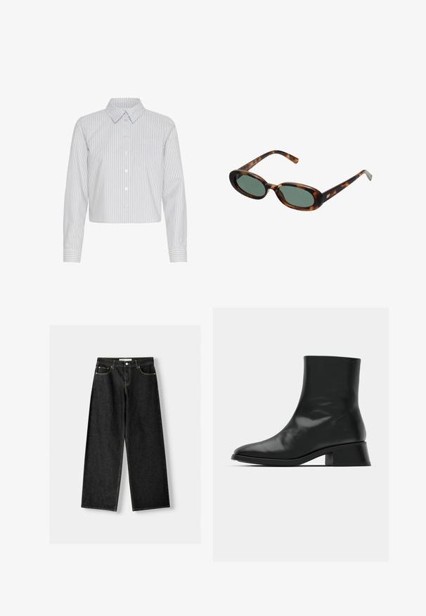 Bílé zkrácené košilové tričko s vertikálními námořnickými pruhy, vybavené límcem a jednou náprsní kapsou. Dlouhé rukávy s detaily na manžetách.; Černý žebrovaný top bez rukávů s kulatým výstřihem a vyšívaným logem v bílé barvě. Má přiléhavý střih a čistý, rovný lem.; Černé denimové široké kalhoty s pěti kapsami, kovovým knoflíkem a zipovým zapínáním, a kontrastním žlutým prošíváním podél švů.; Černé kotníkové boty vyrobené z lesklé kůže, s elegantním designem, špičatou špičkou a umírněným blokovým podpatkem pro stabilitu.; Sluneční brýle ve hmotě želvoviny s oválnými obroučkami a zelenými čočkami. Mají tenké stranice s metalickým akcentem u závěsů.
