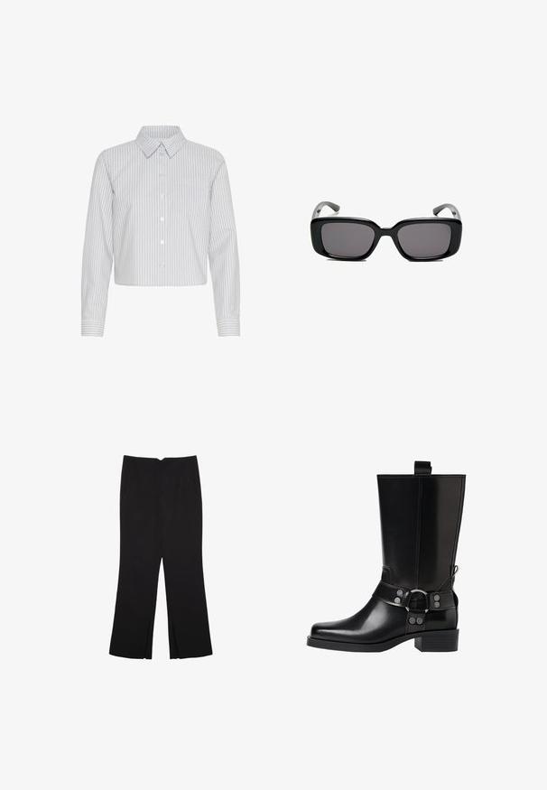 Skratená košeľa s gombíkmi v bielej farbe s vertikálnymi námorníckymi pruhmi, s golierom a jednou náprsníkou. Dlhé rukávy s detailom na manžetách.; Čierne nohavice so strihom rovného strihu, s prednými vreckami a bočnými rozparkami na leme. Vyrobené z mäkkej, hladkej tkaniny. Vhodné na rôzne príležitosti.; Čierne kožené čižmy po kolená s špicatou špičkou, striebornými prackami a robustným podpätkom. Obsahujú pútko pre jednoduché obúvanie.; Čierne obdĺžnikové slnečné okuliare s tmavými sklami, hladkým plastovým rámom a zakrivenými stranami. Dizajn je robustný s minimalistickou estetikou.