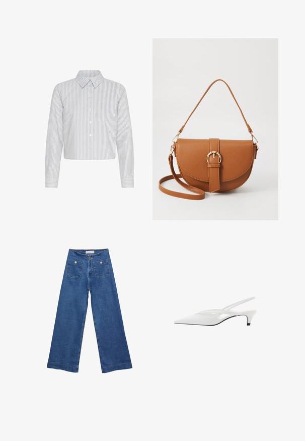 Krojena srajca s kratkimi rokavi v beli barvi z navpičnimi mornarsko modrimi črtami, ki ima ovratnik in eno prsno žep. Dolgi rokavi z detajlom na manšetah.; Jeans širokih nogavic iz denima z medenim modrim pranjem, dvema sprednjima žepoma z gumbnimi zaprtji in šivanjem ob robovih.; Bela slingback peta z ošiljenim nosom, z gladkim zgornjim delom, subtilnimi izrezi in nizkim blok petkom. Črna podplat poudarja dizajn.; Rjava usnjena torbica prek telesa s ukrivljeno obliko, zlate opreme in sponko. Ima odstranljiv naramni trak.