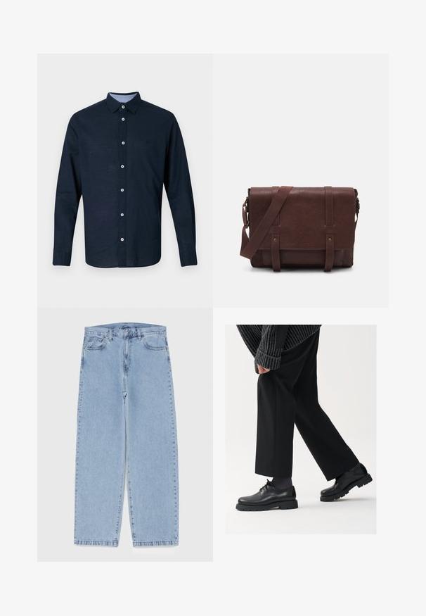 Jūrų laivyno ilgomis rankovėmis marškiniai su mygtukų apykakle, baltais mygtukais ir subtiliu logotipu krūtinėje. Pagaminti iš minkštos medžiagos su tekstūriniu paviršiumi.; Šviesiai mėlyni džinsai su tiesiomis kojomis, turintys vidutinio aukščio juosmenį, penkias kišenes ir mygtuko bei užtrauktuko uždarymą.; Juodos odinės kojinės su apvalia nosimi, raištelių dizainu ir storu, tekstūriniu padu. Dėvimos su pritaikytomis juodomis kelnėmis ir liniuotėmis megztiniu.; Rudas odinis paštininko krepšys su lygiu priekiniu dangčiu, dviem diržais, auksiniais detalėmis ir reguliuojamu peties diržu.