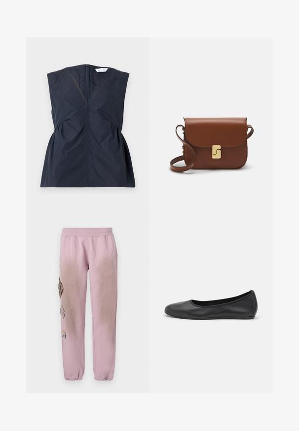 Námořnická bezrukávová blůza s V výstřihem, předním zipem a nařaseným detailem po stranách. Vyrobena z lehké, hladké látky s jemným leskem.; Růžové tepláky s elastickým pasem, které mají dekorativní nášivky ve tvaru diamantů na levé straně a elastické manžety u kotníků.; Černé kožené baletní byty s kulatou špičkou, hladkou texturou, minimálními švy a flexibilním designem podrážky.; Hnědá kožená kabelka s klopou, zlatými kovovými detaily, ramenním popruhem a hladkým povrchem. Kompaktní obdélníkový tvar.