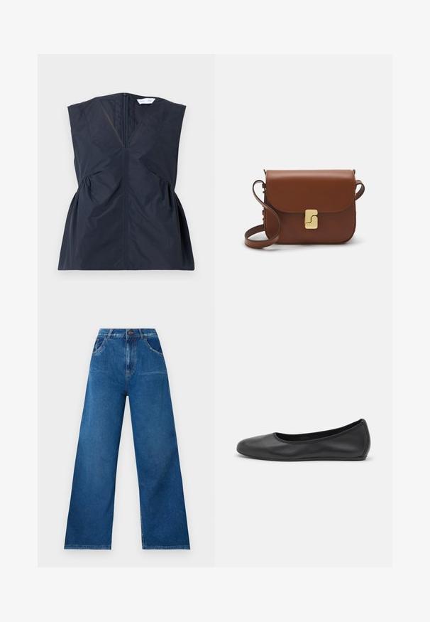 Námořnická bezrukávová blůza s V výstřihem, předním zipem a nařaseným detailem po stranách. Vyrobena z lehké, hladké látky s jemným leskem.; Široké džíny v tmavě modrém denimovém provedení s vysokým pasem, vybavené předními a zadními kapsami a kontrastním prošíváním.; Černé kožené baletní byty s kulatou špičkou, hladkou texturou, minimálními švy a flexibilním designem podrážky.; Hnědá kožená kabelka s klopou, zlatými kovovými detaily, ramenním popruhem a hladkým povrchem. Kompaktní obdélníkový tvar.