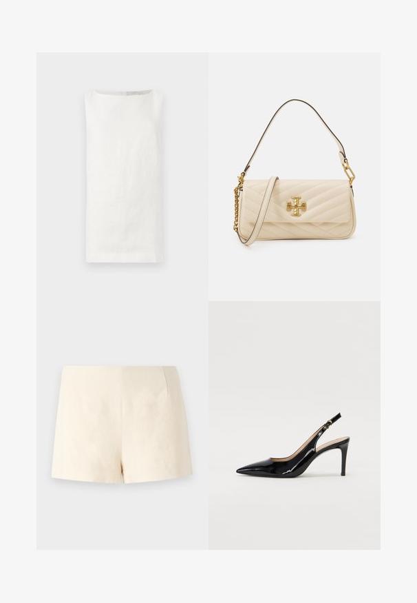 Bez piedurknēm balts lina tops ar taisnu piegriezumu, laivas formas dekoltē un bez redzamām aizdares detaļām. Izgatavots no mīksta, tekstūrēta auduma.; Bēšas piegriezuma šorti, kas izgatavoti no viegla auduma, ar gludu tekstūru, skaidrām līnijām un bez redzamām aizdares sistēmām vai kabatām.; Melnas lakotās ādas slingback kurpes ar izteiktu degunu, šauru papēdi un smalku izgriezumu dizainu. Siksniņai ir zelta sprādze.; Klāts krēmkrāsas rokassoma ar zelta logotipa akcentu, ar ķēdes un ādas siksnu. Strukturēts dizains un gluda virsma ar diogonālām šuvēm.
