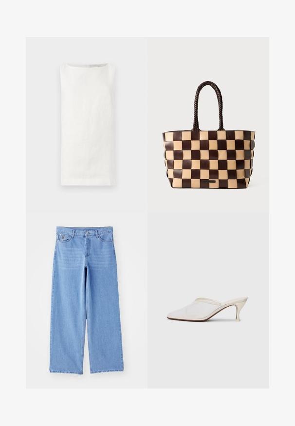 Ujjatlan fehér vászon felső, egyenes szabással, csónaknyakkal, látható zárás nélkül. Puha, textúrált anyag jellemzi.; Világoskék, bő szárú farmernadrág, klasszikus öt zsebes kialakítással és gombos felső záródással. Sima textúra, szétszedett szegély.; Fehér hálós, hegyes orrú mules cipő, vékony, középmagas sarkával és slip-on kialakításával, egyszerű háttér előtt.; Barna és bézs bőr bevásárlótáska szőtt sakktábla mintával, csavarott fogantyúkkal, fehér háttéren.