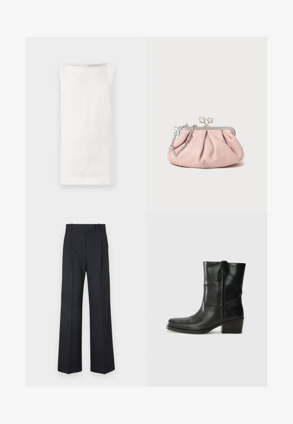Sleeveless white linen top with a straight cut, boat neckline, and no visible fastenings. Features a soft, textured fabric.; Dark blue pinstriped trousers with a high waist, wide leg design, and no visible hardware or embellishments. Smooth texture and tailored fit.; Black leather ankle boot with a rounded toe, block heel, side zipper, and stitching accents on the vamp. Smooth texture, classic design.; Pink leather clutch bag with a gathered design, metal frame, two round clasps, and a silver chain strap. Smooth texture, compact shape.