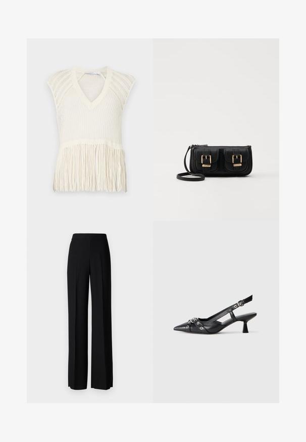 Kardigan w kolorze kremowym z dekoltem w serek, krótkimi rękawami oraz frędzlami na dole. Posiada teksturowany wzór splotu na całej powierzchni.; Czarne spodnie o szerokim kroju, o gładkiej fakturze, z wysokim stanem i centralnymi kantami. Brak widocznych wzorów lub detali metalowych.; Czarne skórzane buty typu slingback z ostrym noskiem, ozdobnymi paskami z metalowymi oczkami oraz niskim klinowym obcasem. Teksturowana powierzchnia.; Czarna skórzana torba na ramię z dwoma przednimi kieszeniami, złotymi klamrami, zamkiem błyskawicznym i cienkim paskiem. Teksturowana powierzchnia i kompaktowy prostokątny kształt.