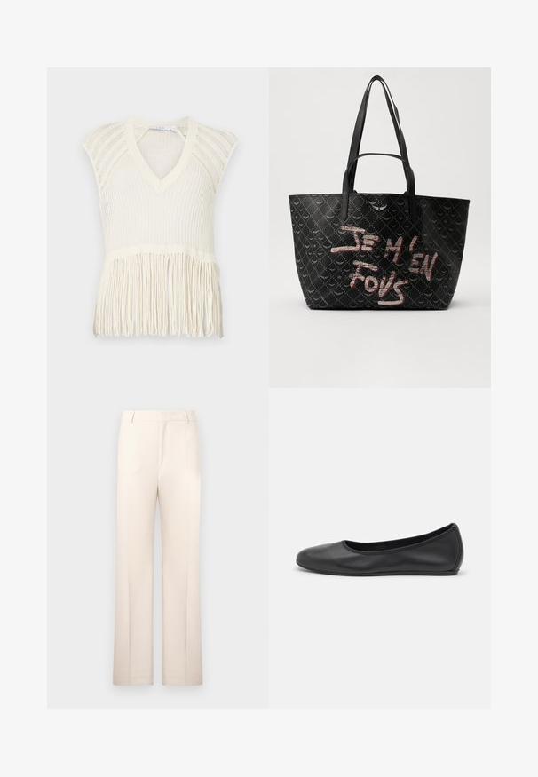 Pletená krémová vesta s výstřihem do V, krátkými rukávy a střapcovým detailem na lemu. Obsahuje texturovaný tkaný vzor po celém povrchu.; Růžové upravené kalhoty s rovnými nohavicemi, vyrobené z lehké látky. Má přední sklady a klasický pas.; Černé kožené baletní byty s kulatou špičkou, hladkou texturou, minimálními švy a flexibilním designem podrážky.; Černá taška přes rameno z texturovaného materiálu s diamantovým vzorem, ramenními popruhy a odvážným červeným a bílým nápisem "JE M'EN FOUS."