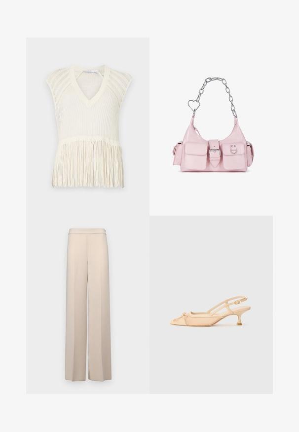 Pleteni kremasti top bez rukava s V-izrezom, kratkim rukavima i detaljima franja na rubu. Ima teksturirani uzorak tkanja kroz cijeli proizvod.; Bež hlače širokih nogavica od glatke tkanine, s visokim strukom i suptilnim prednjim naborima. Bez džepova ili vidljivih metalnih detalja.; Stuart Weitzman KITTY - Klasične cipele s visokom petom - beige/barely beige; Ružičasta lažna kožna torba s srebrnim lančićem, akcentima u obliku srca, prednjim kopčanjem i dvije male džepove sprijeda.
