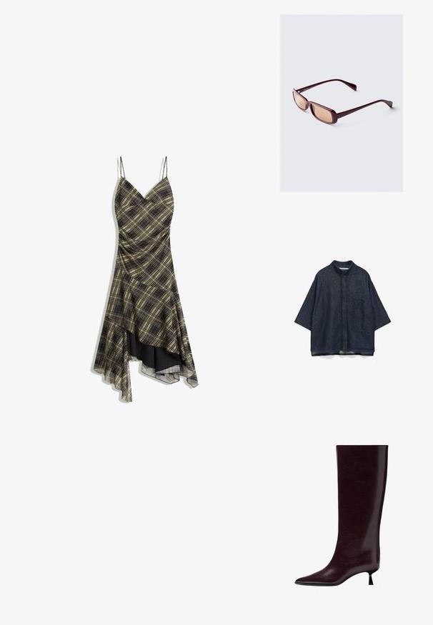 Jeansskjorta i mörkblått med ståkrage, sänkta axlar, korta ärmar, ficka fram och avslappnad passform.; Svart och gul rutmönstrad klänning med spaghettiaxlar, V-ringning och asymmetrisk nederkant, med en genomskinlig överdel och samlad textur.; Knähöga bourgogne läderstövel med en slät, texturerad yta, spetsig tå och en tunn, staplad klack för extra höjd.; Burgundy solglasögon med rektangulära bågar, gradientlinser och slanka armar. Materialet har en slät, glansig yta.; Brun läderväska, böjd form, enkel handtag, dragkedjestängning, texturerad yta med lätt glans. Kompakt och minimalistisk design.