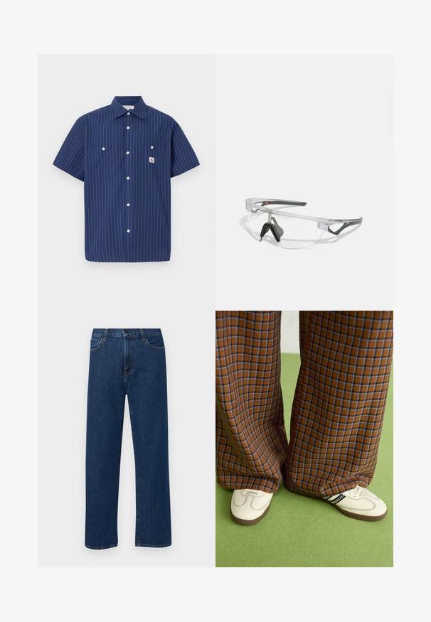 Navy short-sleeve shirt with white vertical stripes, two chest pockets, button-up front, and logo patch on the left pocket.; Dark blue straight-leg denim jeans with front pockets and a button closure, displayed on a plain white background.; Brown and blue plaid wide-leg trousers paired with white shoes featuring black accents and textured soles, set against a green background.; Clear safety glasses with a lightweight, transparent frame and gray accents. Features a wraparound design and adjustable nosepiece.