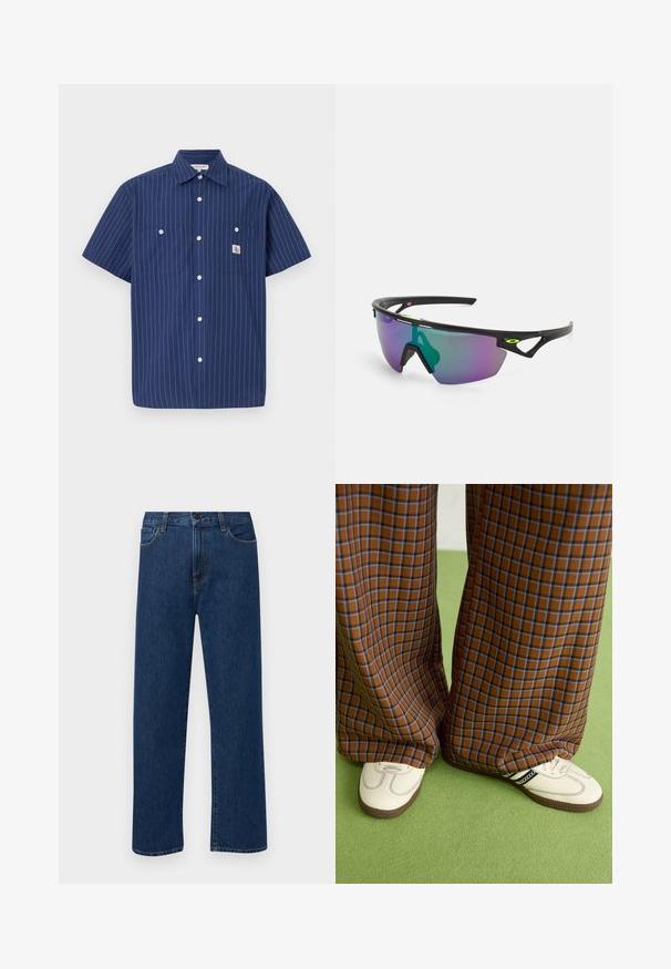 Navy kortermet skjorte med hvite vertikale striper, to brystlommer, knapplukking foran og logo-lapp på venstre lomme.; Mørkeblå rette jeans i denim med frontlommer og knappelukking, vist på en enkel hvit bakgrunn.; Brune og blå rutete vide bukser sammen med hvite sko med svarte detaljer og teksturerte såler, satt mot en grønn bakgrunn.; Sports solbriller med en svart ramme, store gradientlinser i lilla og grønne nyanser, samt vinklede designaksenter med logo-detalj.