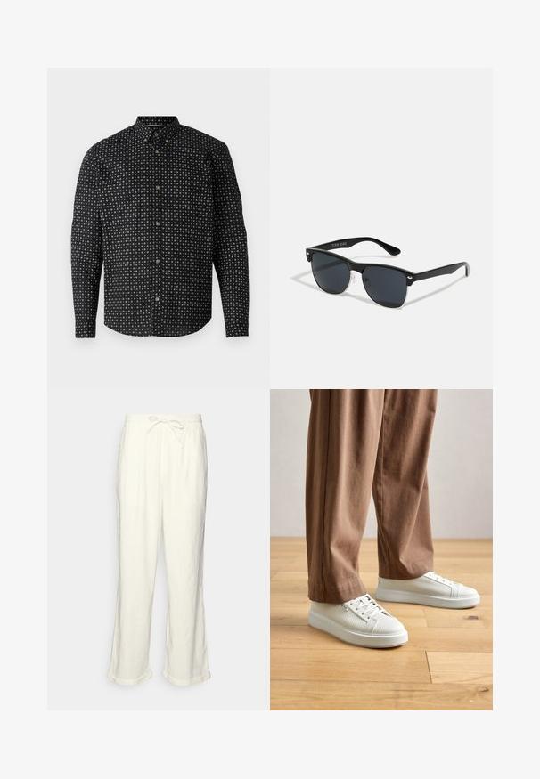 Camisa negra de botones con un diseño estampado de cruces blancas. Tiene mangas largas, un cuello y botones en tono dorado.; Pantalones de lino en color blanco roto con cintura elástica regulable, perneras ligeramente anchas y puños doblados para un ajuste relajado. Sin bolsillos.; Persona con zapatillas bajas de textura blanca y pantalones marrones holgados, de pie sobre un suelo de madera clara.; Gafas de sol negras con forma rectangular, lentes oscuros, detalles plateados en las patillas y un acabado mate en la montura.