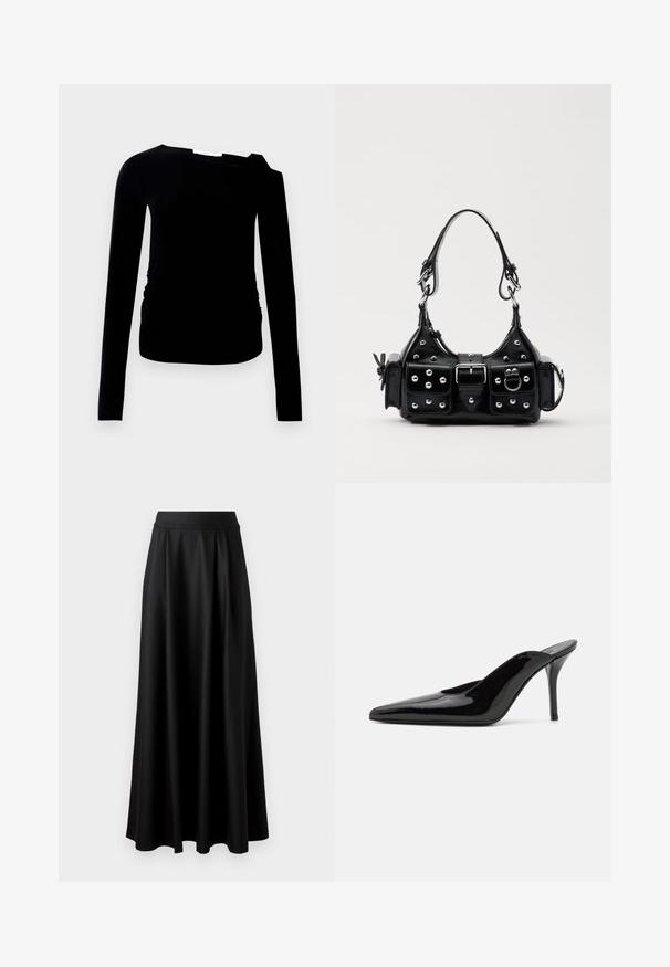 Mustale, pikad varrukad ja ühe õlavarre kujundusega pluus, millel on kroogitud küljeosa. Valmistatud pehmest, venivast kangast, millel on sile tekstuur.; Mustmust pikk, must seelik, millel on sile tekstuur, lai vöökoht ja volditud disain, ilma nähtavate mustrite või kaunistusteta.; Must musta nahkkängad terava ninaga ja sujuva siluetiga, avatud tagusega ja peene stiletto kontsaga.; Must värvi nahast käekott, millel on kaarjas disain, hõbedased nupukesed, kinnitusahe ja kaks külgtaskut. Reguleeritav rihm erinevate kandmisvõimaluste jaoks.