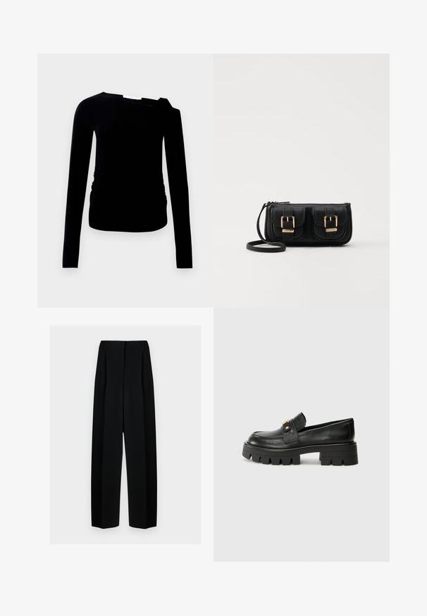 Black long-sleeve top with one shoulder design, featuring a ruched side detail. Made from soft, stretchy fabric with a smooth texture.; Black wide-leg trousers with a high waist, featuring pleats and a smooth texture. The fabric appears lightweight and drapes elegantly.; Black leather loafers with a chunky sole, featuring a gold-tone accent on the front and a smooth finish. Chunky tread design on the sole.; Black leather crossbody bag with two front pockets, gold buckles, zipper closure, and a slim strap. Textured surface and compact rectangular shape.