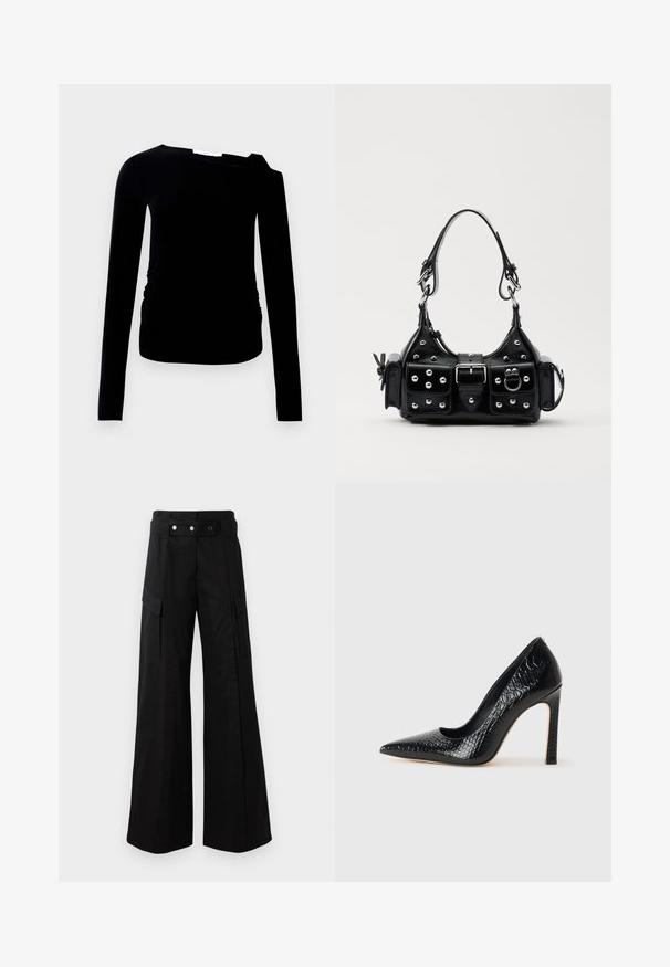 Musta pitkähiha blouse yhdellä olkapäällä, jossa on rypytetty sivuosa. Valmistettu pehmeästä, joustavasta kankaasta, jonka pinta on sileä.; Mustat leveälahkeiset housut, joissa on korkea vyötärö, suuret sivutaskut, kaksi etunappia ja silmukkayksityiskohta. Valmistettu kestävästä kankaasta.; Musta kapea nilkkakorkokenkä krokotiilin nahkakuviolla, joka on varustettu tyylikkäällä muotoilulla, korkealla stiletto-korkealla ja sileällä mustalla sisäosalla.; Musta nahkainen käsilaukku, jossa on kaareva muotoilu, hopeiset niitit, solki ja kaksi sivutaskua. Säädettävä olkahihna erilaisiin kantovaihtoehtoihin.