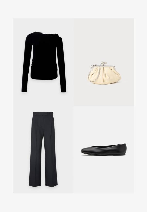 Black long-sleeve top with one shoulder design, featuring a ruched side detail. Made from soft, stretchy fabric with a smooth texture.; Dark blue pinstriped trousers with a high waist, wide leg design, and no visible hardware or embellishments. Smooth texture and tailored fit.; Paul Smith TOPANGA - Ballet pumps - black; Pleated beige leather clutch with a silver metal frame, featuring two round decorative clasps and a silver chain strap.