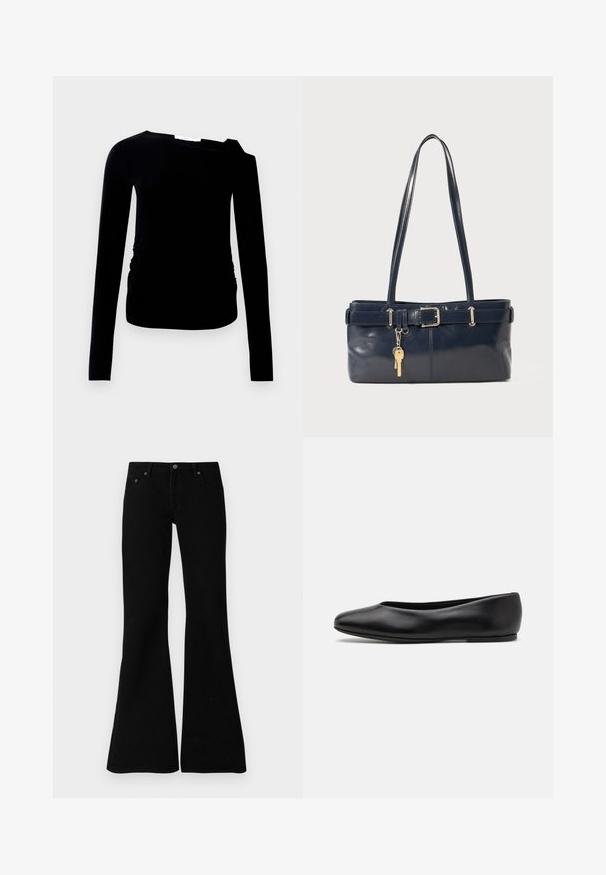 Black long-sleeve top with one shoulder design, featuring a ruched side detail. Made from soft, stretchy fabric with a smooth texture.; Black flared jeans made from denim, featuring a classic five-pocket design, button closure, and subtle stitching details along the seams.; Paul Smith TOPANGA - Ballet pumps - black; Navy leather handbag with two long handles, a buckle detail, and a keychain attached. Features a smooth texture and a rectangular shape.