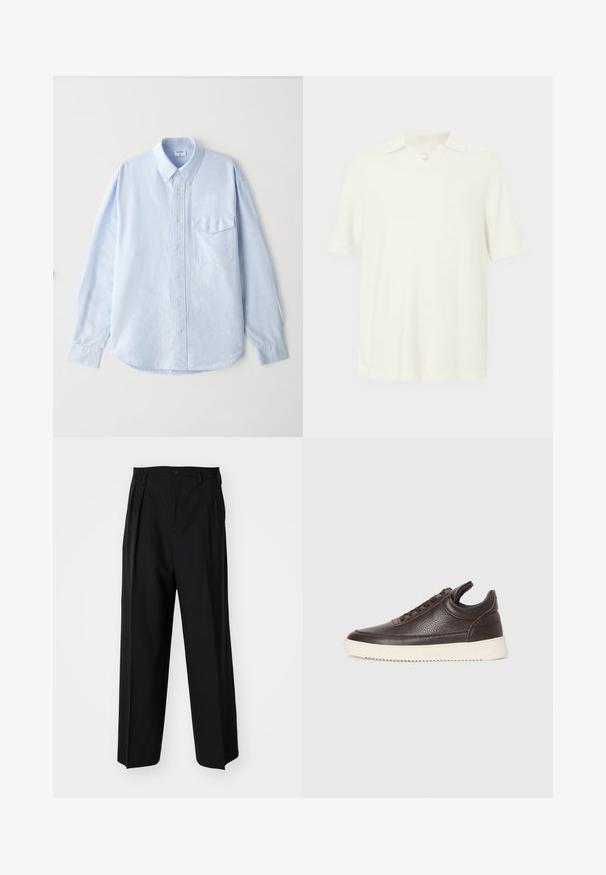Lyseblå skjorte med knapp, laget av myk kvalitet, med klassisk krage, lange ermer og en brystlomme med klaff.; Kortermet polo skjorte, lys kremfarge, laget av teksturert stoff, med v-hals og klassisk krage.; Sorte plissert bukser med en rett, bred benform. Laget av glatt stoff, med knappelukking og beltehemper.; Mørkebrun strukturert lær sneakers med snøring foran og hvit, rillet gummisåle på en enkel lys bakgrunn.