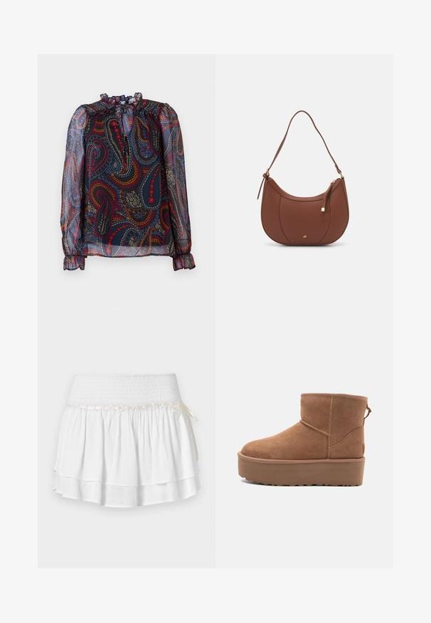 Genomskinlig blus med volangkrage och puffärmar. Har ett flerfärgat paisleymönster på en mörk bakgrund. Elastiska ärmslut.; Vit lager-på-lager kjol med elastisk midja, med detaljer av texturerad smock och en dekorativ satinsnodd. Tillverkad av bomull.; Tan mockasköna med plattformssula, rund tå och broderade detaljer; har en dragflik baktill för enkel påtagning.; Brun faux läder axelväska med rundad form, minimal sömnad och detaljer i guldfärgad hårdvara. Har en övre dragkedjestängning och justerbar rem.