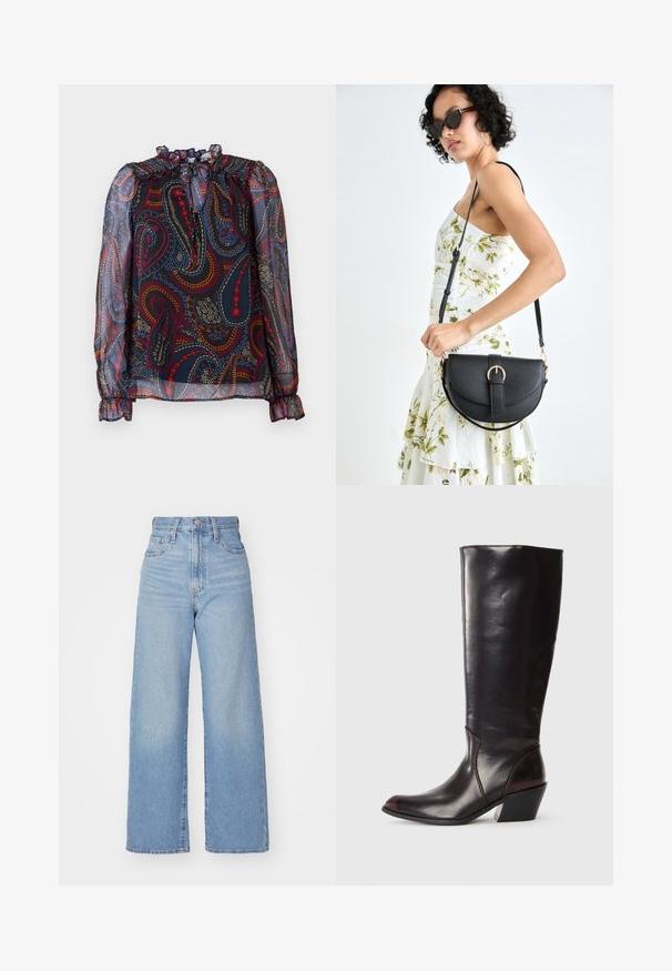 Bluză transparentă cu guler ondulat și mâneci bufante. Prezintă un model paisley multicolor pe un fundal închis. Manșete elastice.; Jeans cu talie înaltă, de culoare albastru deschis, cu croială largă, dotate cu nasture și fermoar la față, buzunare în față și spate, pe un fundal alb.; Botă din piele maro închis, până la genunchi, cu vârf ascuțit, toc unghiular și textură netedă și lucioasă. Prezintă un design curat și detalii de cusătură.; Geantă din piele neagră, cu o formă curbată, curea detașabilă și accesorii aurii. Geanta are un capac cu un detaliu tip cataramă.