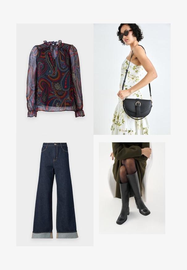 Blousa trasparente con colletto arricciato e maniche a sbuffo. Presenta un motivo paisley multicolore su uno sfondo scuro. Polsini elastici.; Jeans in denim scuro a gamba ampia con cuciture arancioni, dotati di vita alta, due tasche frontali e orli arrotolati che mostrano un tessuto di contrasto azzurro chiaro.; Stivali neri in pelle alti fino al ginocchio con punta squadrata e tacco a blocco, mostrati con un modello seduto in un cappotto verde oliva. Texture liscia, dettagli minimi.; Borsa a tracolla nera in pelle con una forma curva, manico rimovibile e accessori dorati. La borsa presenta una patta con un dettaglio a fibbia.