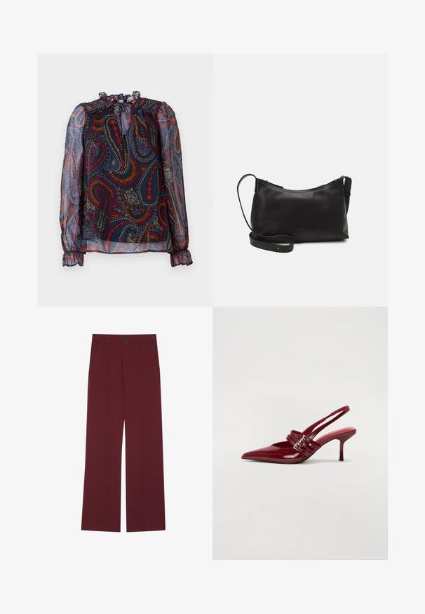 Permat bliuska su raukšlėtu apykakle ir pūstomis rankovėmis. Yra daugiakomponentė paisley raštas tamsiame fone. Elastingi rankogaliai.; Burgundinės kelnes su plačiomis kojomis, turinčios mygtukų užsegimą, dvi šonines kišenes ir raukšlių detalę priekyje. Lygus audinio paviršius.; Raudoni blizgūs odiniai bateliai su atviru kulnu, smailiu nosiu, dviem užsegimais ir plonu, vidutinio aukščio stiletto kulnu. Lygus paviršius.; Juodas odinis petinis krepšys su lygiu paviršiumi, išlenkta forma, reguliuojama dirželiu ir užtrauktuku. Minimalistinis dizainas be puošmenų.