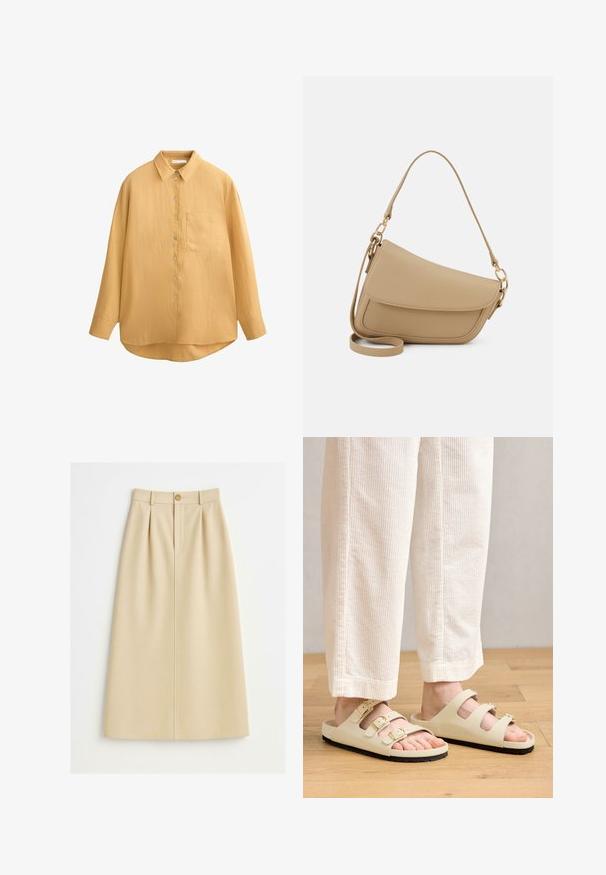 Žuta košulja s dugim rukavima, ovratnikom, teksturiranom tkaninom i jednim džepom na prsima; zaobljenim rubom i školjkastim dugmadi.; Bež krilo do kolen, izdelano iz strukturiranega blaga, z uporabo sprednjih naborkov, enojno gumbno zapiranje in ravno krojenjem z gladko teksturo.; Svetlo bež sandale z dejanjem treh prilagodljivih trakcev z kovinskimi sponkami, oblazinjenim podplatom in črnim gumijastim podplatom.; Even&Odd Torbica - beige
