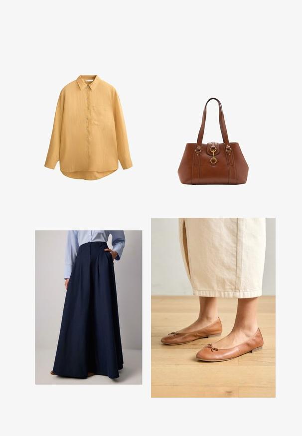 Cămașă galben muștar cu nasturi, guler, mâneci lungi, material texturat și un singur buzunar pe piept; margine rotunjită și nasturi din scoică.; Fustă lungă bleumarin cu pliseuri, confecționată dintr-un material ușor, având buzunare laterale și un talie înaltă. Textură netedă și cădere elegantă.; Balerini din piele maro, cu vârful rotund și un detaliu mic de fundiță, toc plat și textură netedă, asortați cu o fustă de culoare deschisă.; Geantă de mână din piele maro, cu curele duble, formă rotundă, accesorii din aur și un detaliu central cu cataramă. Textură netedă cu accente cusute.