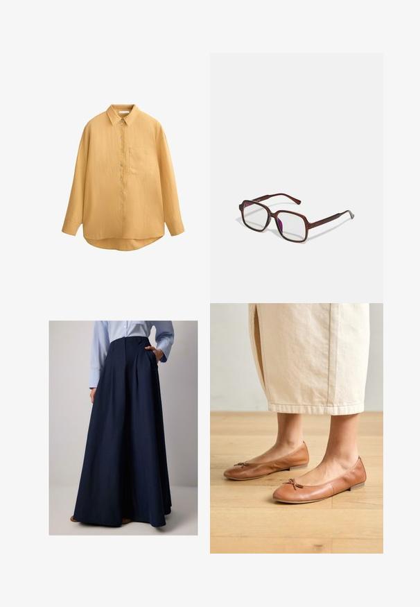 Musztardowa koszula z guzikami, z kołnierzykiem, długimi rękawami, teksturowanym materiałem i jedną kieszenią na piersi; zaokrąglony dół i guziki z muszli.; Granatowa długa spódnica z plisami, wykonana z lekkiego materiału, z kieszeniami bocznymi i wysokim stanem. Gładka tekstura i eleganckie draperie.; Brązowe skórzane baleriny z okrągłym noskiem i małym ozdobnym kokardką, płaskim obcasem i gładką fakturą, w zestawieniu z jasną spódnicą.; Brązowe, prostokątne okulary z przezroczystymi soczewkami i fioletowymi odcieniami. Gładka plastikowa oprawka z prostymi zausznikami i subtelnymi detalami.