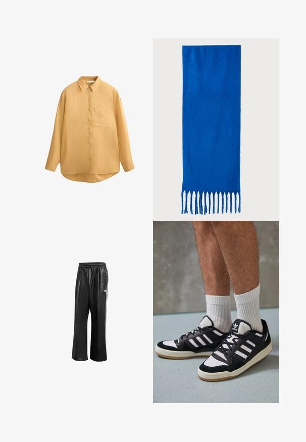 Mustard yellow button-up shirt with a collar, long sleeves, textured fabric, and a single chest pocket; rounded hem and shell buttons.; Black synthetic track pants with an elastic waistband, featuring white side stripes and a small white logo on the left hip.; Black and white sneakers with a suede and leather upper, featuring three white stripes, a perforated toe, and a gum rubber sole.; Blue fringed scarf made of soft fabric; features a solid color with a textured surface and evenly cut fringe at the bottom.