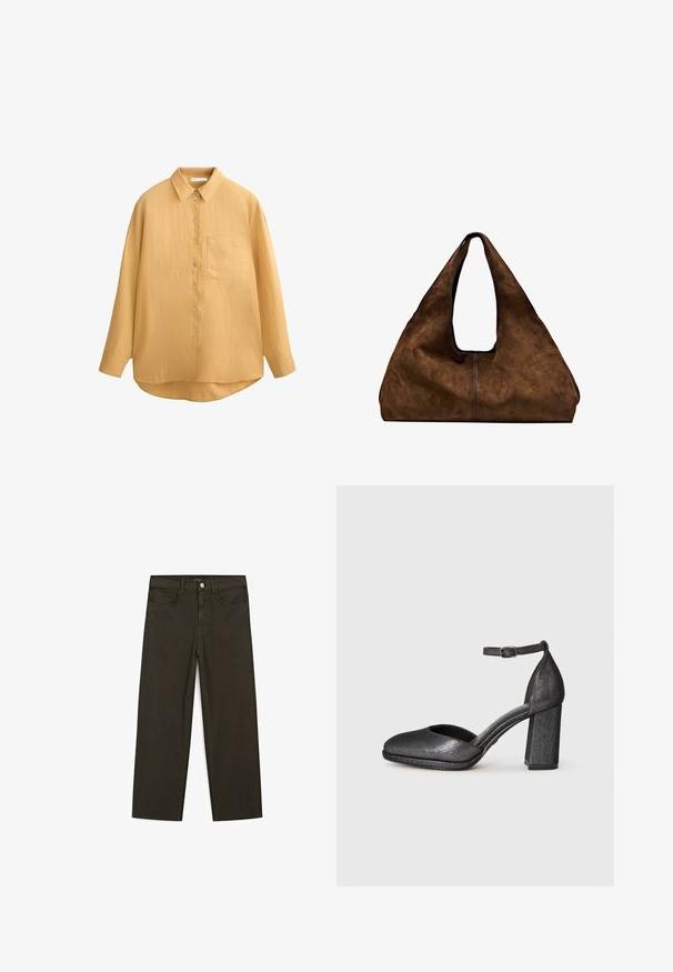 Senfgelbe Button-up-Bluse mit Kragen, langen Ärmeln, strukturiertem Stoff und einer einzigen Brusttasche; abgerundeter Saum und Muschelknöpfe.; Dunkelgrüne Jeans im weit geschnittenen Style, hergestellt aus einem Baumwollgemisch. Sie verfügen über einen Frontknopfverschluss, fünf Taschen und klassische Denim-Nähte.; Schwarzer, strukturierten Absatzschuh mit runder Spitze, Knöchelschnalle und Blockabsatz. Das Material hat einen leichten Glanz und eine glatte Oberfläche.; Braune Wildleder-Schultertasche mit offenem Oberteil. Sie verfügt über einen tiefen, breiten Körper, einen ausgeschnittenen Griff und minimale Nähte für ein sauberes Design.