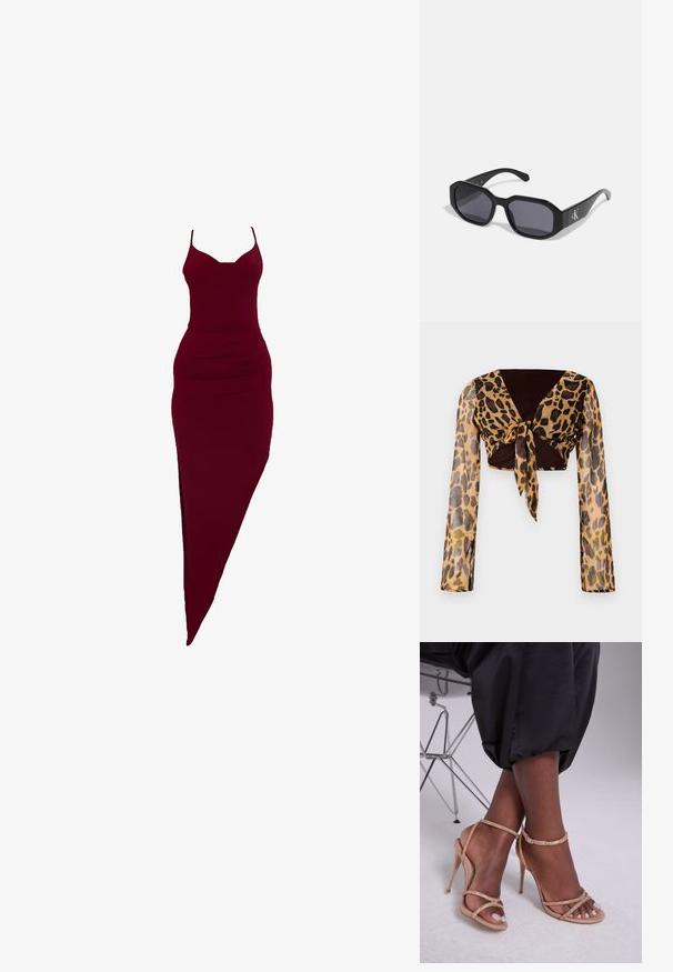 Top scurt cu imprimeu de leopard, cu mâneci lungi transparente și un detaliu legat de culoare maro la talie. Material neted, ușor, cu un design ajustat.; Rochie ajustată burgundă cu bretele subțiri, având o deschidere pe lateral și detalii pliate la talie, realizată dintr-un material elastic.; Sandale cu toc bej, decorate cu cristale, având vârf deschis, bretele subțiri și un siluetă elegantă.; Ochelari de soare negri cu un cadru octagonal, lentile întunecate, material plastic lucios și un accent cu logo argintiu pe o parte.; Clutch Michael Kors din canva acoperit bej, cu un model repetitiv al logo-ului MK, accesorii din aur și o curea cu lanț detașabil.; Cercei metalici aurii cu un design ondulat; suprafață netedă și reflectorizantă; formă asimetrică; fără modele sau accesorii vizibile.