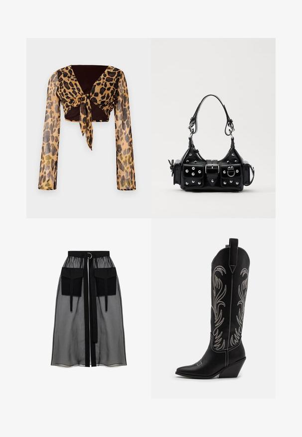 Leopard print cropped top with long transparent sleeves and a brown tie detail at the waist. Smooth, lightweight fabric with a fitted design.; Black sheer skirt with a gathered waistband, featuring two large front pockets, a waist tie, and a circular metal accent.; Black leather cowboy boots with pointed toes, wedge heels, and silver embroidered floral patterns along the shaft. Contrast stitching throughout.; Black leather handbag with a curved design, featuring silver studs, a buckle, and two side pockets. Adjustable strap for carrying options.