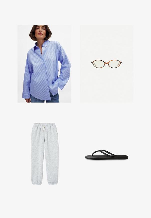 Svetlo modra prugasta oversize srajca z gumbom, v kombinaciji z belimi širokimi hlačami in belo torbico. Črne mačje očesne sončne očala dopolnjujejo videz.; Sive trenirke iz mehkega materiala, z elastičnim pasom z vrvico in elastičnimi manšetami na gležnjih.; Črne natikače z teksturirano gumijasto podlogo, dvema ozkima trakoma in subtilnim, vtisnjenim logom na traku.; Kornjačaste očala z ovalnimi lečami in gladko, sijočo površino. Imajo tanke stranice z rahlim ovinkom na templjih. Prosojne leče.