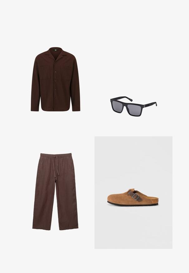 Cămașă maro cu nasturi, realizată dintr-un material texturat, având guler, două buzunare frontale și un tiv drept cu mâneci lungi.; Tricou polo negru cu manșete scurte, având un model tricotat texturat, plăcuță cu trei nasturi și un design clasic al gulerului.; Pantaloni largi din in maro, cu un brâu reglabil, care dispun de două buzunare laterale și un material ușor, texturat.; Saboți din daim maro cu un curea din piele maro ajustabilă și cataramă din metal argintiu, având un branț din plută modelat și o talpă din cauciuc texturat.; Ochelari de soare dreptunghiulari negri cu lentile întunecate, finisaj mat și detalii cu logo pe bradă. Designul prezintă margini drepte și rame groase.