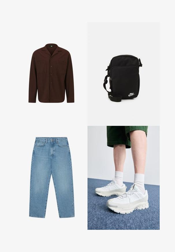 Chemise brune à boutons, fabriquée en tissu texturé, dotée d'un col, de deux poches avant et d'un ourlet droit avec des manches longues.; Jean large en denim bleu clair avec taille haute, dotés de cinq poches, passants de ceinture et d'une texture douce légèrement délavée.; Des chaussures de sport blanches avec des superpositions texturées, une semelle épaisse et des accents gris. Portées avec des chaussettes blanches et des shorts verts sur une surface bleue.; Sacoche en nylon noir avec une bandoulière réglable, des compartiments zippés et un logo Nike blanc à l'avant. Texture lisse, forme rectangulaire.