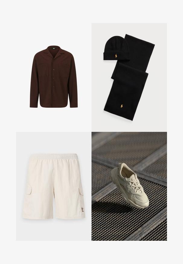 Braunes Hemd mit Knopfleiste aus strukturiertem Stoff, mit Kragen, zwei vorderen Taschen und geradem Saum mit langen Ärmeln.; Beige Cargo-Shorts mit elastischem Bund, zwei Seitentaschen und einem kleinen Logo auf der unteren rechten Seite. Glattes, leichtes Material.; Beige Sneaker aus strukturiertem Stoff, mit kontrastierenden glatten Akzenten, runder Sohle und Schnürsenkeln, schwebend über einer gerasterten Fläche.; Schwarzes Strickmütze- und Schals-Set. Verfügt über eine gerippte Textur und goldene Logo-Akzente. Weicher Stoff mit einem eleganten Design, geeignet für kaltes Wetter.