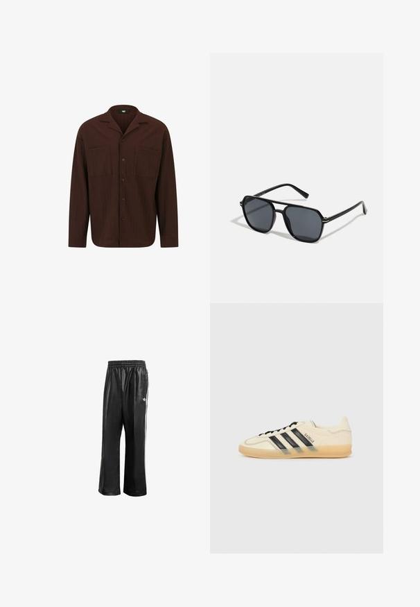 Camicia marrone con bottoni realizzata in tessuto testurizzato, con colletto, due tasche frontali e orlo dritto con maniche lunghe.; Pantaloni da corsa neri in materiale sintetico con vita elasticizzata, caratterizzati da strisce laterali bianche e un piccolo logo bianco sull'anca sinistra.; Sneaker di colore crema chiaro con design a tre strisce nere, tomaia testurizzata, punta rotonda e suola in gomma. Presenta lacci e branding sul lato.; Occhiali da sole neri con montatura ottagonale, lenti scure, finitura lucida, aste sottili e dettagli dorati sul davanti.