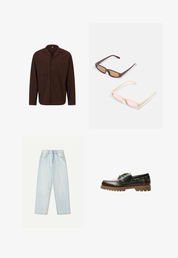 Cămașă maro cu nasturi, realizată dintr-un material texturat, având guler, două buzunare frontale și un tiv drept cu mâneci lungi.; Blugi din denim de culoare albastru deschis, cu o croială relaxată, design cu picior drept, stilizare cu cinci buzunare și decolorare subtilă pe material.; Pantof cu bărci din piele maro și verde, cu un design cusut alb, șireturi rotunde și o talpă din cauciuc texturată. Construcție durabilă cu orificii pentru șireturi din metal.; Două perechi de ochelari de soare: una maro cu lentile de culoare maro, cealaltă bej cu lentile roz; ambele au un design rectangular elegant.