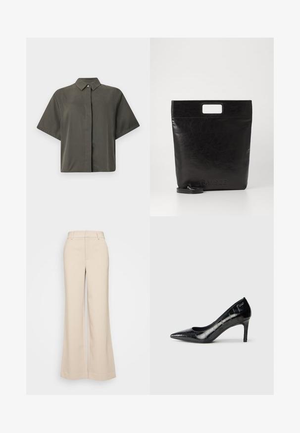 Rövid ujjú, gombos ing sötét olívazöld színben. Simább, matt felülete van, klasszikus gallérral és diszkrét fémdetálokkal.; Beige, bő szárú nadrág sima textúrával, magas derékkal és két elülső zsebbel. Tiszta dizájn, elegáns szabású.; Fekete, hegyes orrú, magas sarkú cipők fényes felülettel és visszafogott mintázattal. Mérsékelt sarokkal és nyitott vápa dizájnnal rendelkeznek.; Fekete bőr bevásárlótáska négyzet alakú fogantyúval, texturált felülettel és dombornyomott logóval. Tartalmaz egy levehető pántot.
