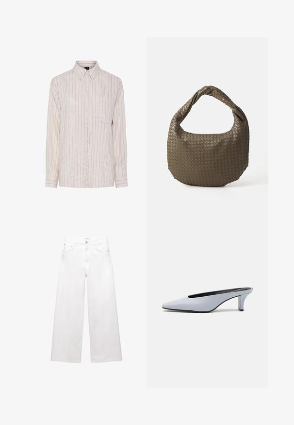 Hellbeige Hemd mit Knöpfen, vertikalen dunklen Streifen, langen Ärmeln, einem Kragen und einer Brusttasche. Hergestellt aus einem strukturierten Stoff.; Weiße, weit geschnittene Jeans aus Baumwolle mit hoher Taille, Fünf-Taschen-Design und Messingbeschlägen. Glatte, unbeschädigte Oberfläche.; Helles blaues Lackleder-Mule mit spitzem Zehenbereich, niedrigem transparentem Absatz und einem eleganten Design, das einen Ausschnitt im Vorderblatt aufweist.; Geflochtene olivgrüne Handtasche mit runder Form und gedrehter Tragegriff. Strukturiert Oberfläche mit diagonaler Musterung. Reißverschlussverschluss.