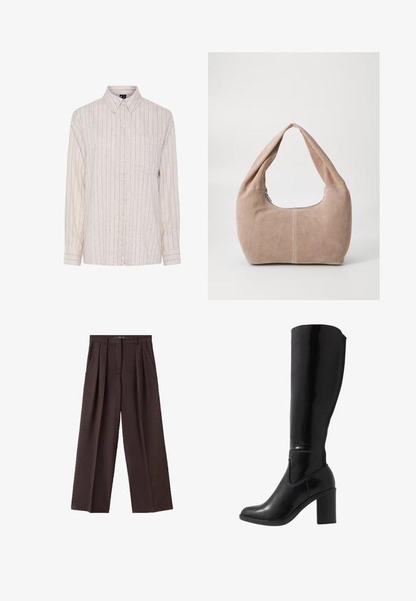Lichtbeige knoopshirt met verticale donkere strepen, lange mouwen, een kraag en een borstzak. Gemaakt van een gestructureerde stof.; Bruine wijde broek gemaakt van textured stof, met voorplooien, zijzakken en een klassiek taillebandontwerp.; Knee-high zwarte glanzende haklaarzen met een ronde neus, een gladde textuur, zijuitsnijding en een chunky gestapelde hak.; Hobo-tas gemaakt van zacht, suède materiaal in een lichtbeige kleur. Heeft een ronde vorm met een brede schouderband en een ritssluiting.