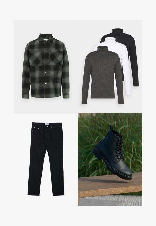 Karierte Hemd in Schwarz- und Grautönen, mit durchgehender Knopfleiste, zwei Brusttaschen und einem Kragen. Hergestellt aus einem strukturierten Stoff.; Drei langärmelige Rollkragenpullover in Dunkelgrau, Weiß und Schwarz. Aus weichem Stoff mit geripptem Rollkragen-Design und taillierten Ärmeln.; Schwarze Jeans aus Denim mit geradem Bein, fünf Taschen, Metallnieten und einem Knopfverschluss. Weiche Textur mit leichtem Stretch.; Schwarze Knöchelschuh aus glattem Leder. Verfügt über ein Schnürdesign, runde Zehenpartie und eine robuste Sohle mit ausgeprägtem Profil. Kleiner Ziehgriff an der Ferse.